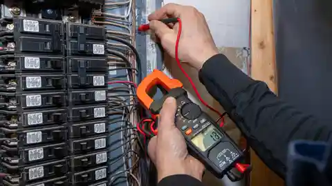 Electrician testing residential panel with digital clamp meter