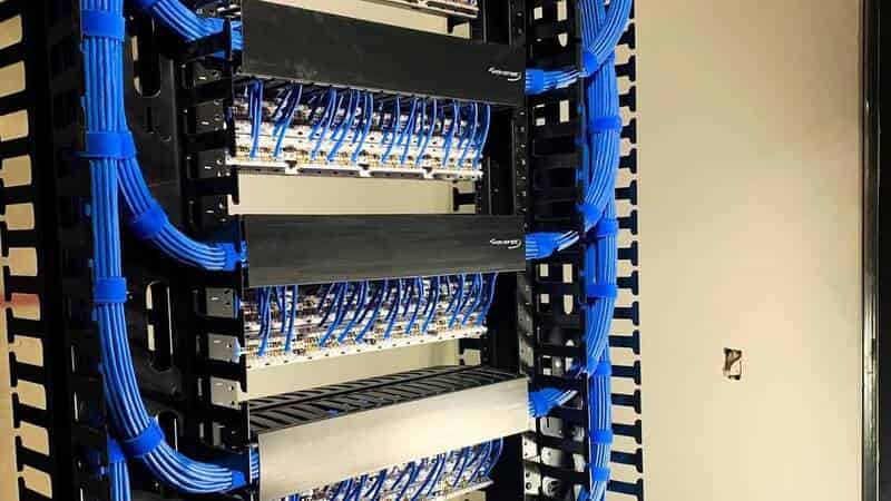 Organized network patch panels with blue Cat6 cabling