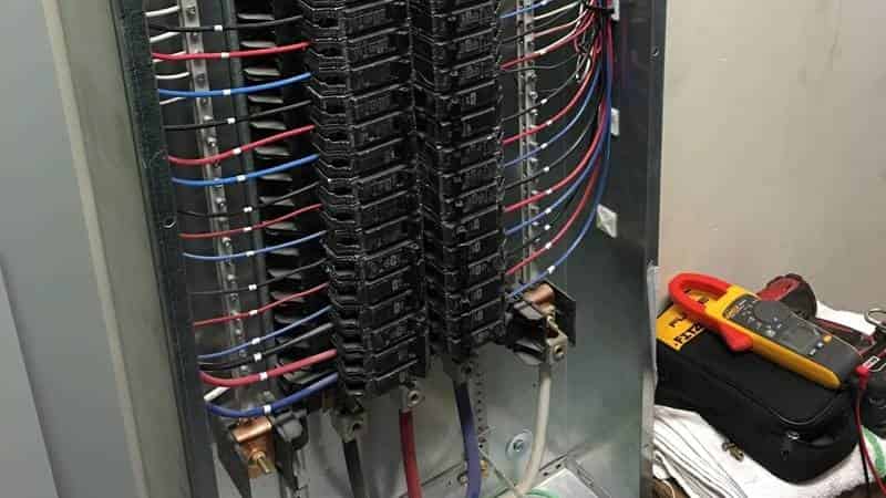 Commercial electrical panel with clamp meter for testing